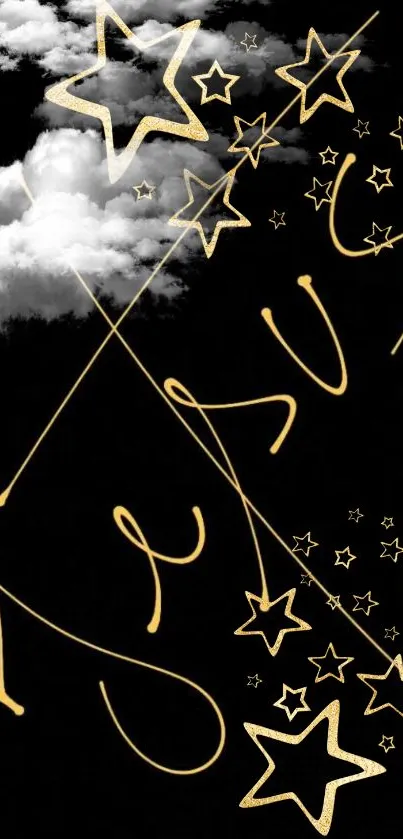 Black wallpaper with golden stars and white clouds.