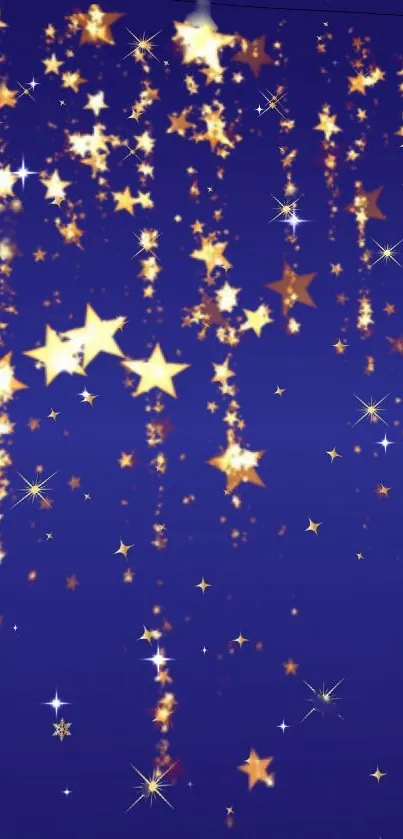 Golden stars cascading on a deep blue background for mobile wallpaper.