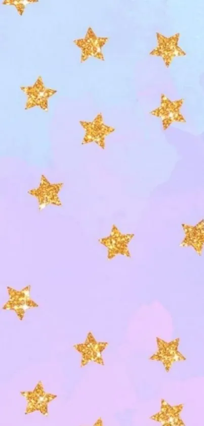 Golden stars on a lavender pastel sky background, perfect for mobile wallpaper.