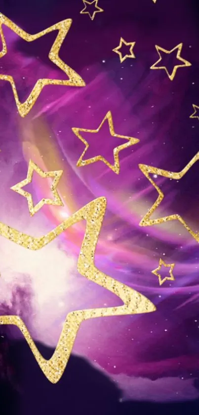 Golden stars on a vibrant purple and pink sky wallpaper.