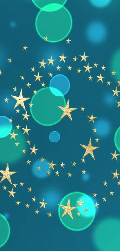 Teal wallpaper with golden stars and circles, creating a magical theme.