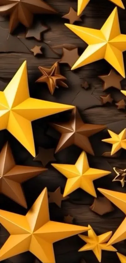 3D golden and brown stars on a wooden background.