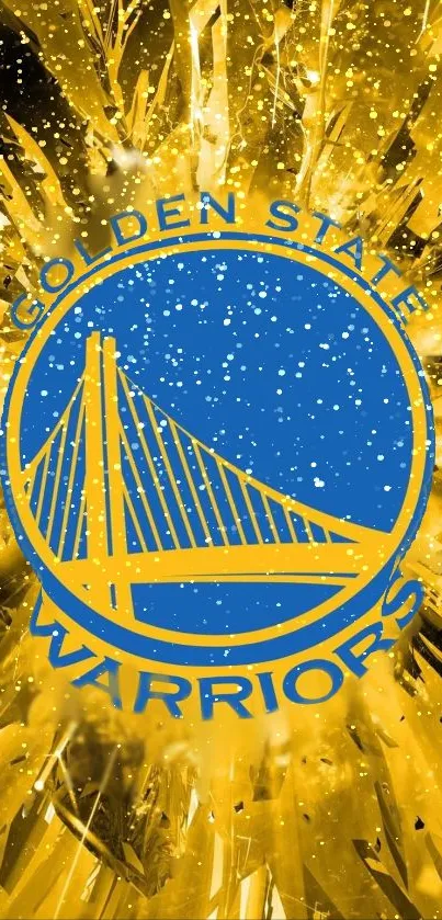 Golden State Warriors logo over a vibrant gold background.