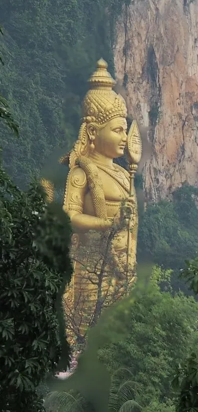 Golden statue surrounded by jungle.