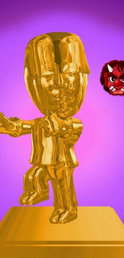 Golden statue with purple background and demon face.