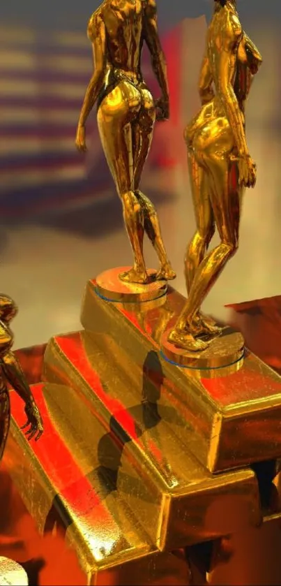 Golden sculptures on steps in an artistic display.
