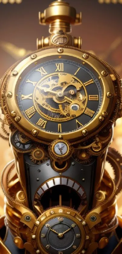 Intricate golden steampunk clock with detailed gears and vintage design.