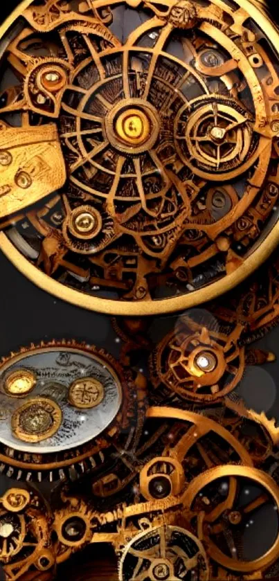 Intricate golden steampunk clockwork art with gears and cogs.