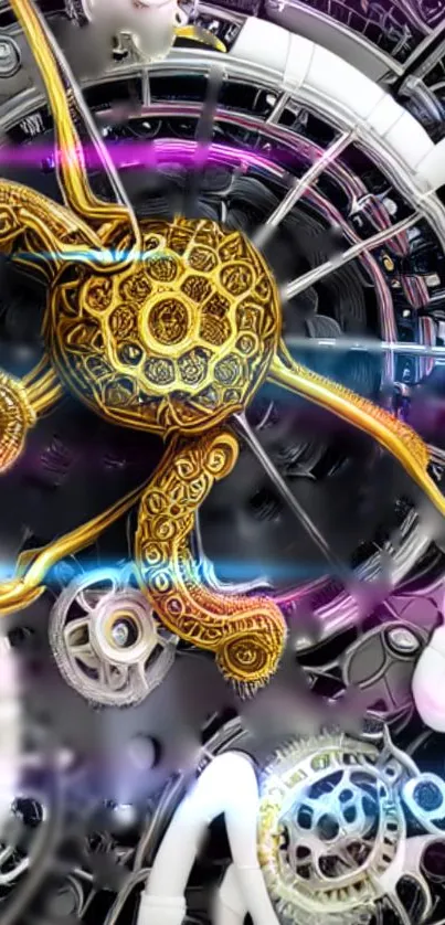 Intricate gold steampunk gear design wallpaper with mechanical artistry.