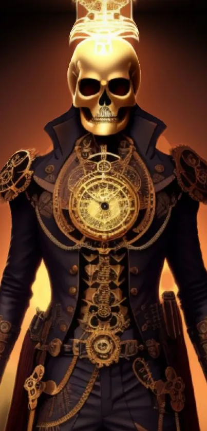 Steampunk skeleton with golden gears and dark attire mobile wallpaper.