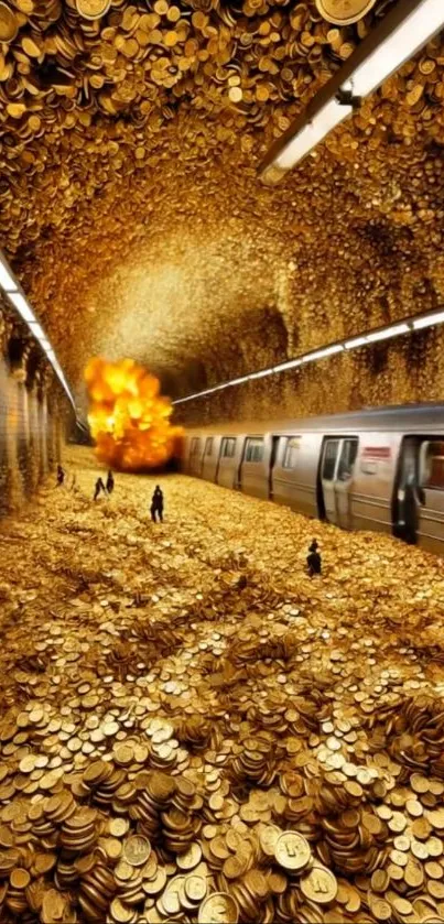 Golden coins fill a subway tunnel with an explosion in the background.