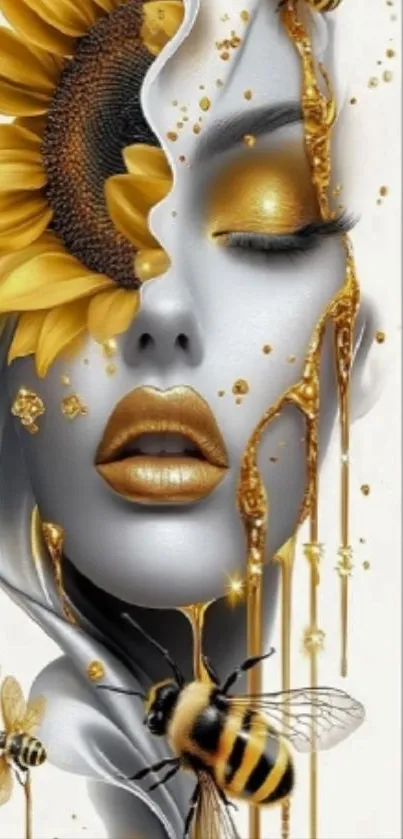 Surreal face with sunflower and honey drip art wallpaper.