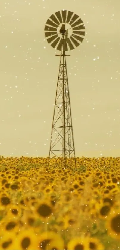 Mobile wallpaper of a golden sunflower field with a windmill.