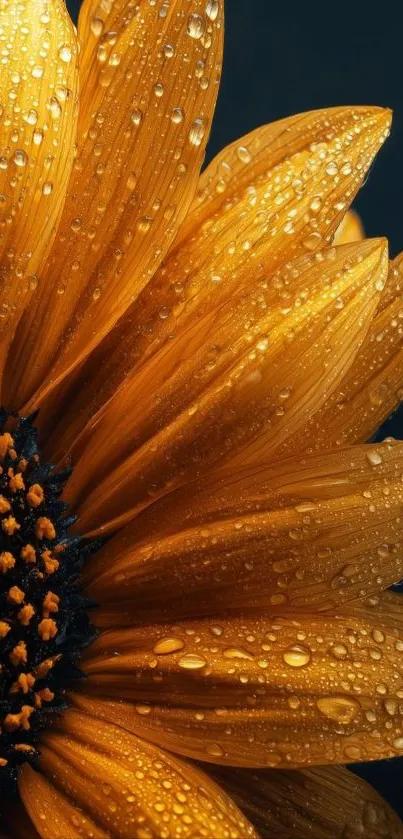 Close-up of a golden sunflower with raindrops.