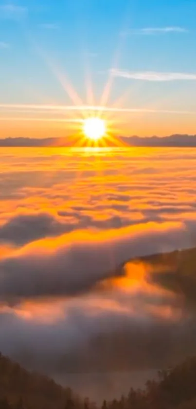 Stunning sunrise with golden clouds and vibrant sky over mountain landscape.