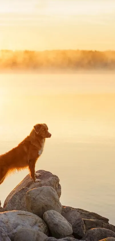 Golden retriever on rocks by a lake during a misty sunrise.