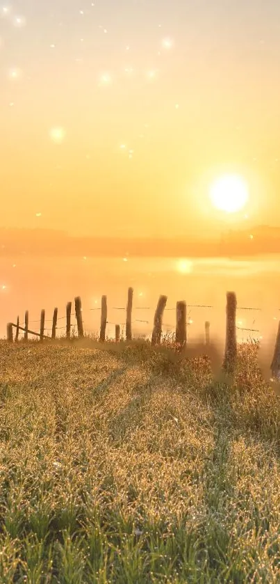 Golden sunrise over a misty countryside landscape with sparkling lights.