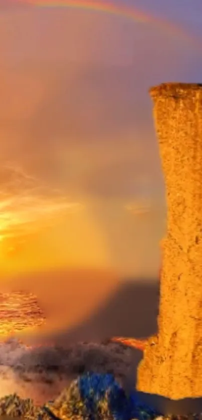 Golden sunrise over ocean cliff with vibrant hues.