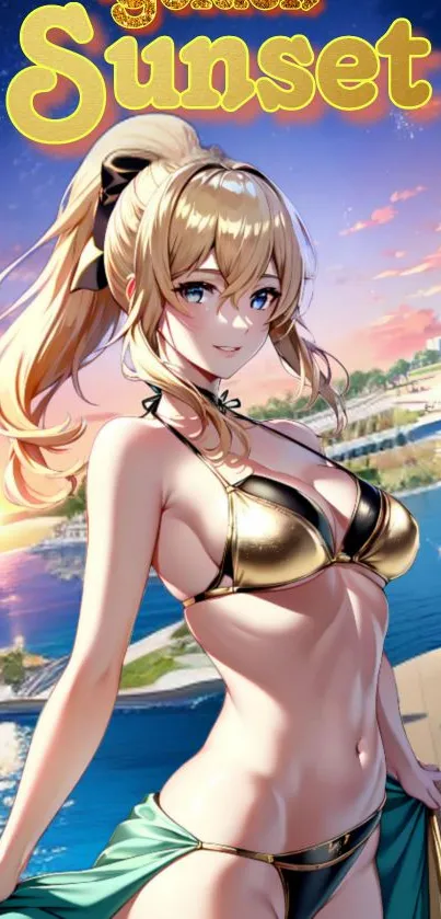 Anime character in a swimsuit at a golden sunset beach scene.