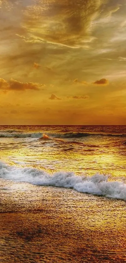 Breathtaking golden sunset over a tranquil ocean with waves.