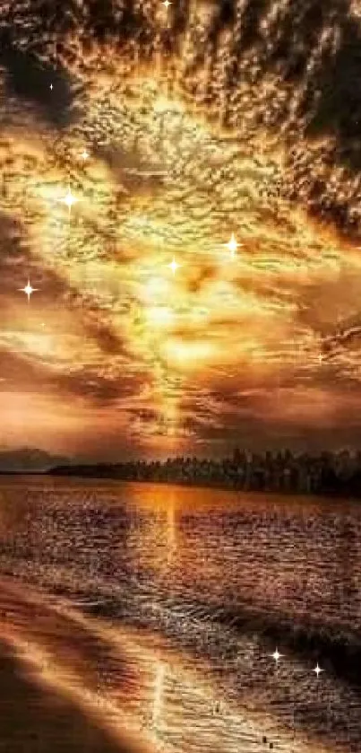 Golden sunset over a beach with shimmering stars and reflection.