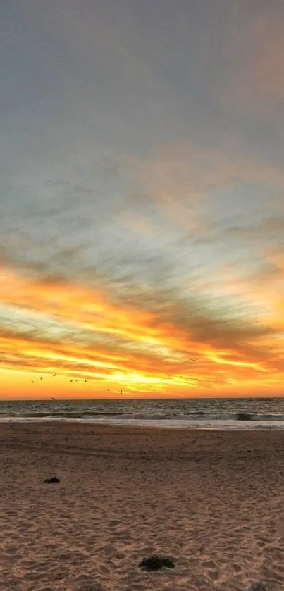 Golden sunset at a tranquil beach with calm ocean waves.