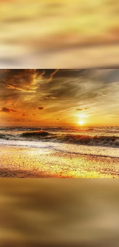 Golden sunset over ocean waves with a tranquil beach scene.