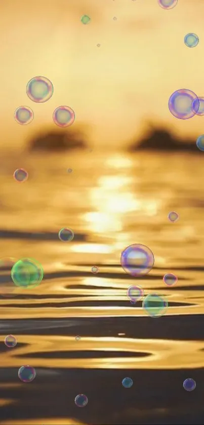 Golden sunset over water with bubbles. Tranquil and serene mobile wallpaper.