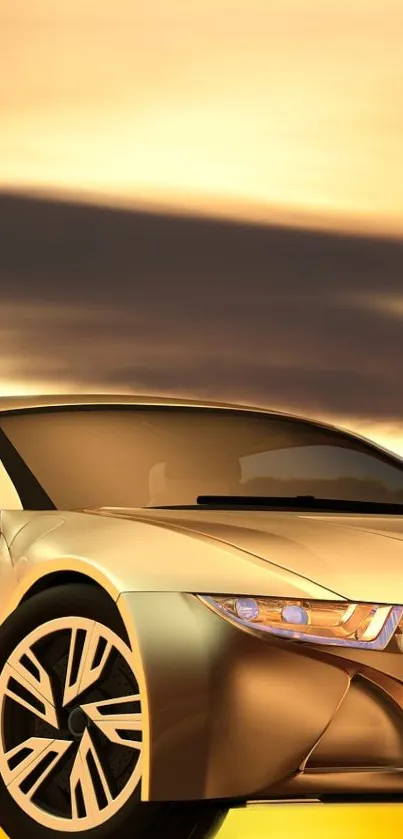 Golden car with sunset background wallpaper