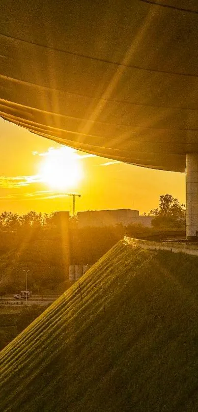 Golden sunset over a cityscape with architectural elements.