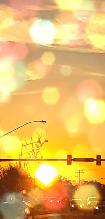 Orange sunset over a cityscape with silhouette and traffic.