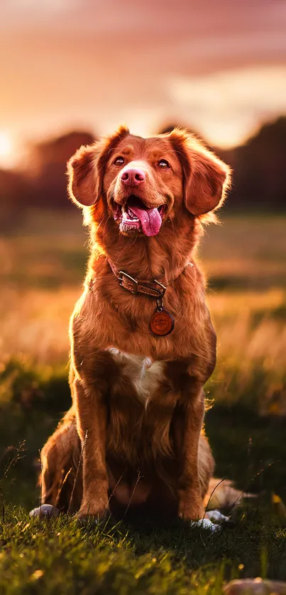 Golden retriever in sunset field, mobile wallpaper.