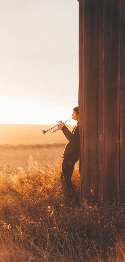 Woman playing trumpet by barn at sunset.