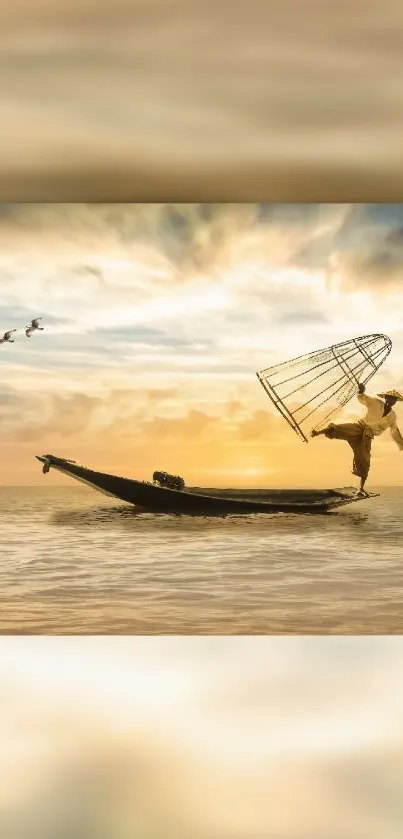 A fisherman balances on a boat at sunset with a cage and birds in a golden sky scene.