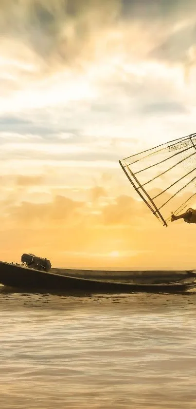 Fisherman on a boat during a golden sunset, casting a serene reflection on the water.