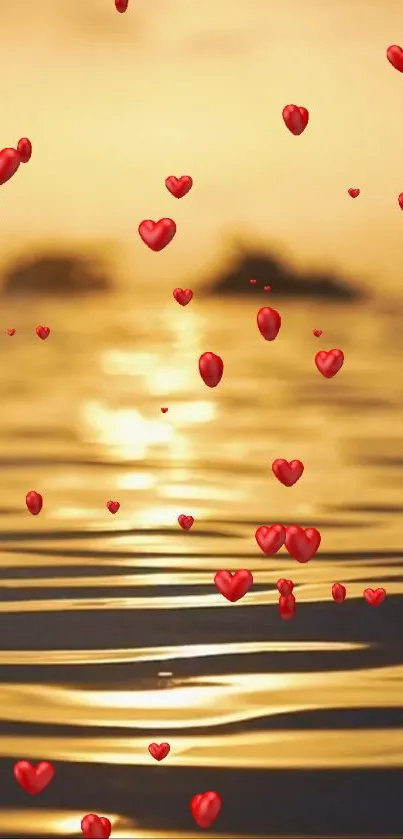 Golden sunset with red hearts wallpaper for mobile.