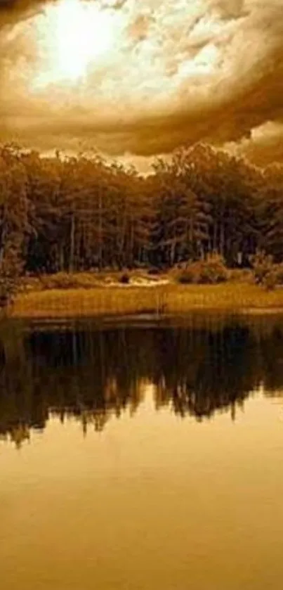 A golden sunset over a tranquil lake, reflecting the forest's silhouette.