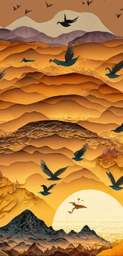 Golden sunset landscape with mountains and birds in vibrant artistic style.