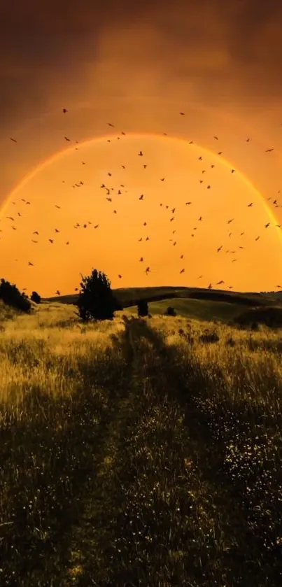 Golden sunset over a field with birds and rainbow sky.