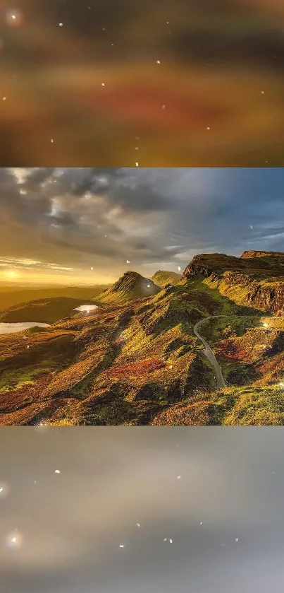 Golden sunset over mountain landscape with dramatic skies.