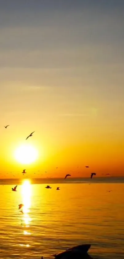 Golden sunset over ocean with birds flying.