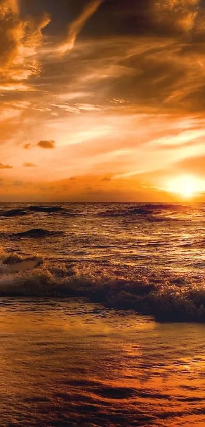 Golden sunset over ocean waves, creating a tranquil and serene scene.