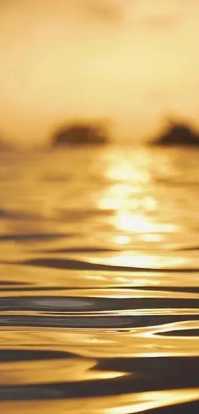 Serene golden ocean sunset with light reflections on water.