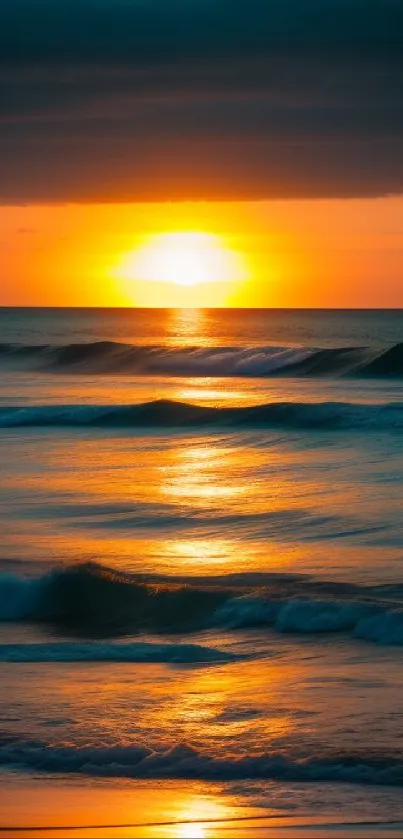 Golden sunset over ocean waves, reflecting sunlight on the water.