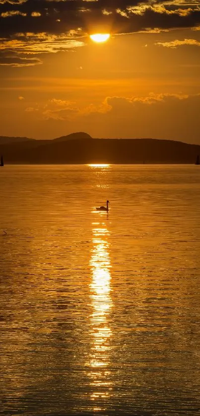 A golden sunset reflecting on a tranquil lake with a solitary bird in the center.