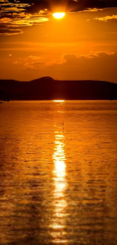 Golden sunset over a calm ocean, creating a serene and warm atmosphere.