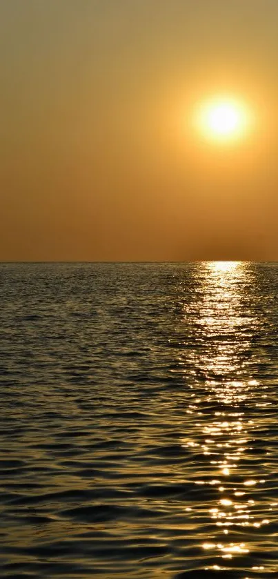 Golden sunset over a tranquil ocean with a reflective water surface.