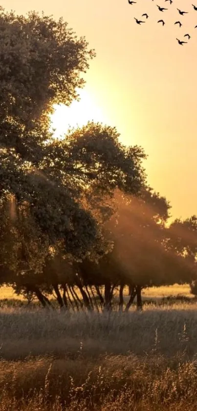 Golden sunset with trees and birds wallpaper.