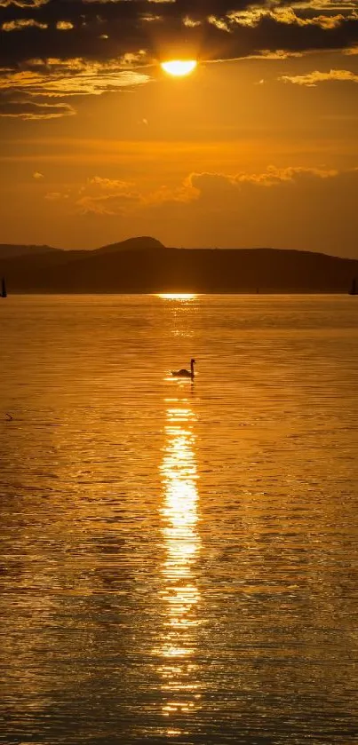 Golden sunset over calm lake with reflections and silhouetted landscape.