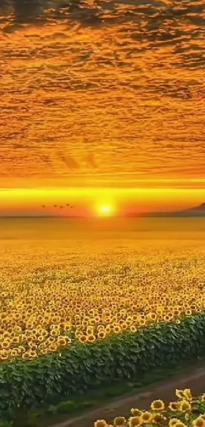 Golden sunset over a vast sunflower field.